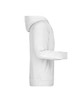 A white men's hoodie featuring a kangaroo pocket and a hood, displayed from a side angle.