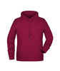 A maroon men's hoodie with a front pocket, drawstring hood, and long sleeves. It features a logo on the front.