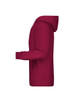 A maroon men's hoodie with a front pocket and a hood, featuring a logo on the chest area.