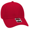 A red low profile baseball cap with a round top and a logo on the front.