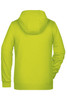 A bright yellow ladies zip hoodie with a hood and long sleeves, featuring a logo on the back.