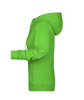 A green ladies zip hoodie featuring a hood and long sleeves. The hoodie has a side view with a logo.