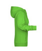 A bright green ladies zip hoodie featuring a hood and long sleeves. It includes a side view of the garment.