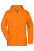 An orange zip hoodie with a hood and a front zipper, featuring long sleeves and a plain design.