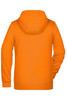 An orange zip hoodie with a hood and long sleeves, featuring a plain back design and a branding logo.