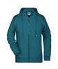A teal zip hoodie featuring a front zip closure and a hood. It includes a logo on the label.