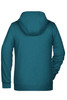 A teal ladies zip hoodie with a hood and long sleeves, featuring a logo on the back.