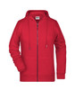 A red zip hoodie with a front zipper and drawstring hood, featuring long sleeves and a casual fit.