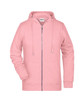 A pink zip hoodie featuring a hood and long sleeves, with a simple design and a logo.