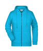 A turquoise zip hoodie featuring a front zipper and a hood, with an attached logo. 