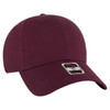 A maroon 6 panel low profile baseball cap with a logo, featuring a curved brim and adjustable back.