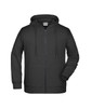 A black zip hoodie featuring a front zip, hood, and pockets, with a branding logo.