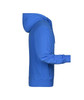 A royal blue men's zip hoodie with a hood and long sleeves, featuring a side view and a logo on it.