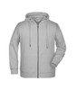 A grey men's zip hoodie featuring a front zipper and drawstrings on the hood. Includes side pockets and a logo.