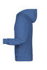 A blue men's zip hoodie with a hood and long sleeves, featuring a side view. The garment has a logo.