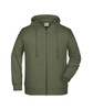 A men's zip hoodie in olive green, featuring a hood, front pockets, and a zip closure. It has a logo on the label.