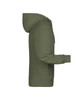A men's zip hoodie in olive green, featuring a hood and pockets, with a logo. Side view displayed.