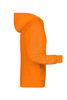 An orange men's zip hoodie featuring a hood and a side view. The hoodie has a pocket and ribbed cuffs.