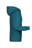 A teal men's zip hoodie displayed from the side, featuring a hood and long sleeves. It has a simple design with a logo.
