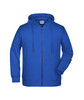 A blue zip hoodie featuring a front zipper, drawstrings, and a logo. Suitable for casual wear.