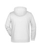 A men's zip hoodie in white, featuring a hood and back view. It includes a logo.