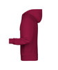 A maroon men's zip hoodie with a side view, featuring a hood and long sleeves. It has a logo on the front.