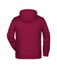 A maroon zip hoodie with a hood, showcasing a solid back design. Features a logo on the fabric.