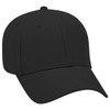 A black 6 panel low profile baseball cap with a curved brim and a logo on the front.