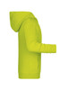 A children's zip hoodie in vibrant lime green, featuring a hood and long sleeves. It has a logo on it.