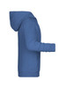 A blue children's zip hoodie featuring a hood and long sleeves, displayed from the side with a logo.