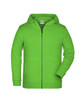 A children's zip hoodie in vibrant green with a front zipper and a hood. Features include long sleeves and a logo.