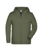 A children's zip hoodie in olive green with a full zip and hood. Features a logo on the front.