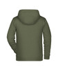 A children's zip hoodie in olive green, featuring a hood and a smooth back design. It has a logo on the fabric.