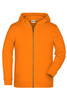 An orange children's zip hoodie with a front zip and a hood, featuring a logo on the chest.