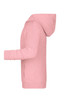 A pink children's zip hoodie with a hood and ribbed cuffs, featuring side pockets and a logo.