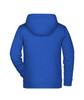 A blue children's zip hoodie featuring a hood and long sleeves, with a logo on the back.