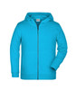 A children's zip hoodie in bright turquoise with a front zip and hood. Features long sleeves and a logo on the label.