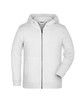 A white children's zip hoodie featuring a zip front and a comfortable hood. The design includes a logo.