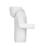 A white children's zip hoodie with long sleeves and a hood, featuring a side pocket and a simple design.