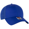 A blue low-profile trucker cap with a mesh back and a small logo on the front.