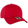A red six-panel low profile trucker cap with a mesh back and a logo on the front.