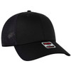 A black low profile trucker cap with a mesh back and a logo on the front.