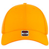 An orange low-profile trucker cap with a six-panel design and a logo on the front.