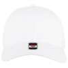 A white six-panel low profile trucker cap with a branding label on the front.
