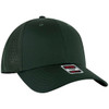 A dark green low profile trucker cap featuring six panels, a curved brim, and a mesh back. It has a logo on the side.
