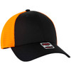 A black and orange six-panel low profile trucker cap with a mesh back and a branded label.