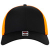 A black and orange six-panel low profile trucker cap featuring a logo on the front.