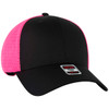 A black and hot pink six-panel low profile trucker cap with a mesh back and a branded tag.