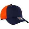 A navy blue and bright orange low profile trucker cap featuring mesh panels and a logo.