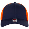 A navy blue and orange low profile trucker cap with a fabric front and mesh back, featuring a logo.